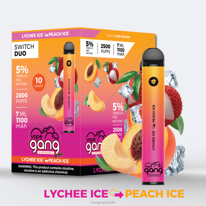 Vape Gang Switch Duo 2 sabores (caja de 10) hielo de lichi - hielo de melocotón - vape desechable Bang 2N68T42